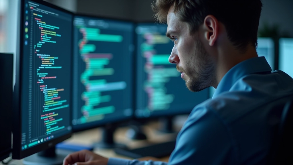 Programmētājs strādā ar vairākiem monitoriem, analizē kodu uz ekrāna